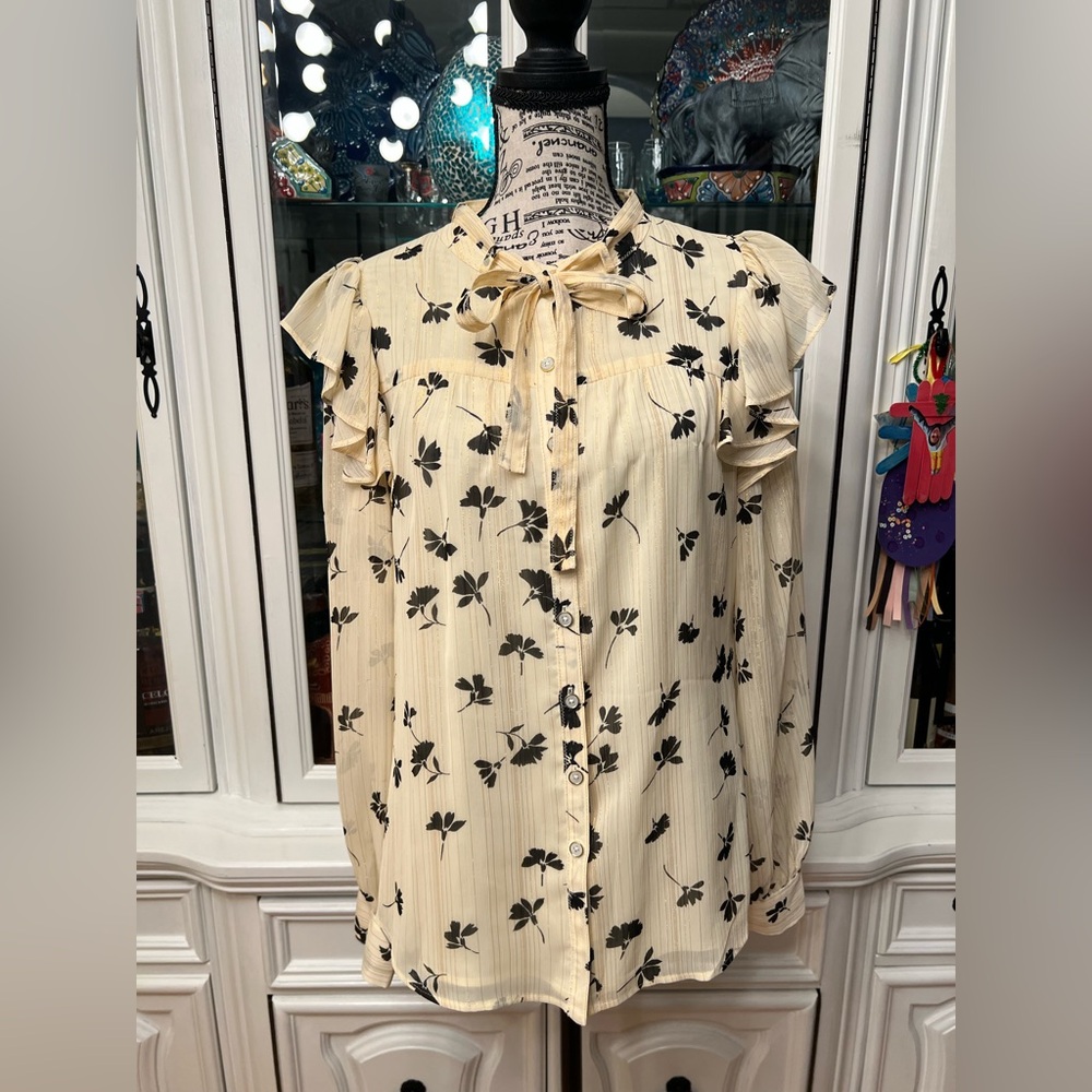DKNY Ivory Blouse with Black Leaf Print and Gold Thread M - Picture 1 of 13